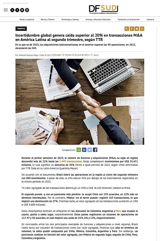 Incertidumbre global genera ca�da superior al 20% en transacciones M&A en Am�rica Latina al segundo trimestre, seg�n TTR